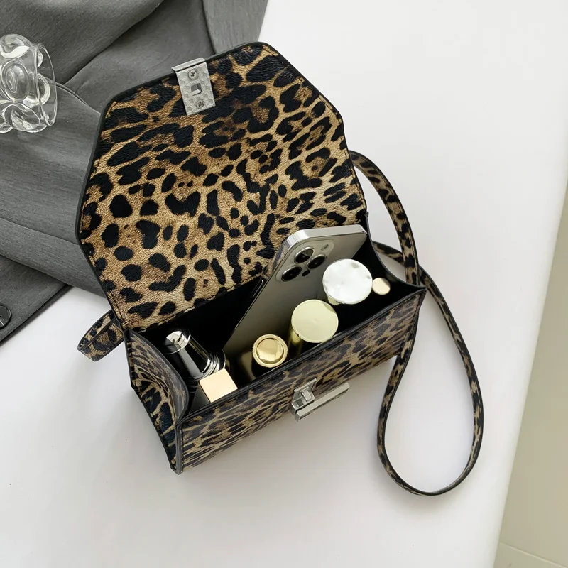 Small Square Handbag Tote Bag For Women Vintage Clutch Bag Branded Leopard Pattern Crossbody Shoulder Bag Ladies Pu Leather Bag