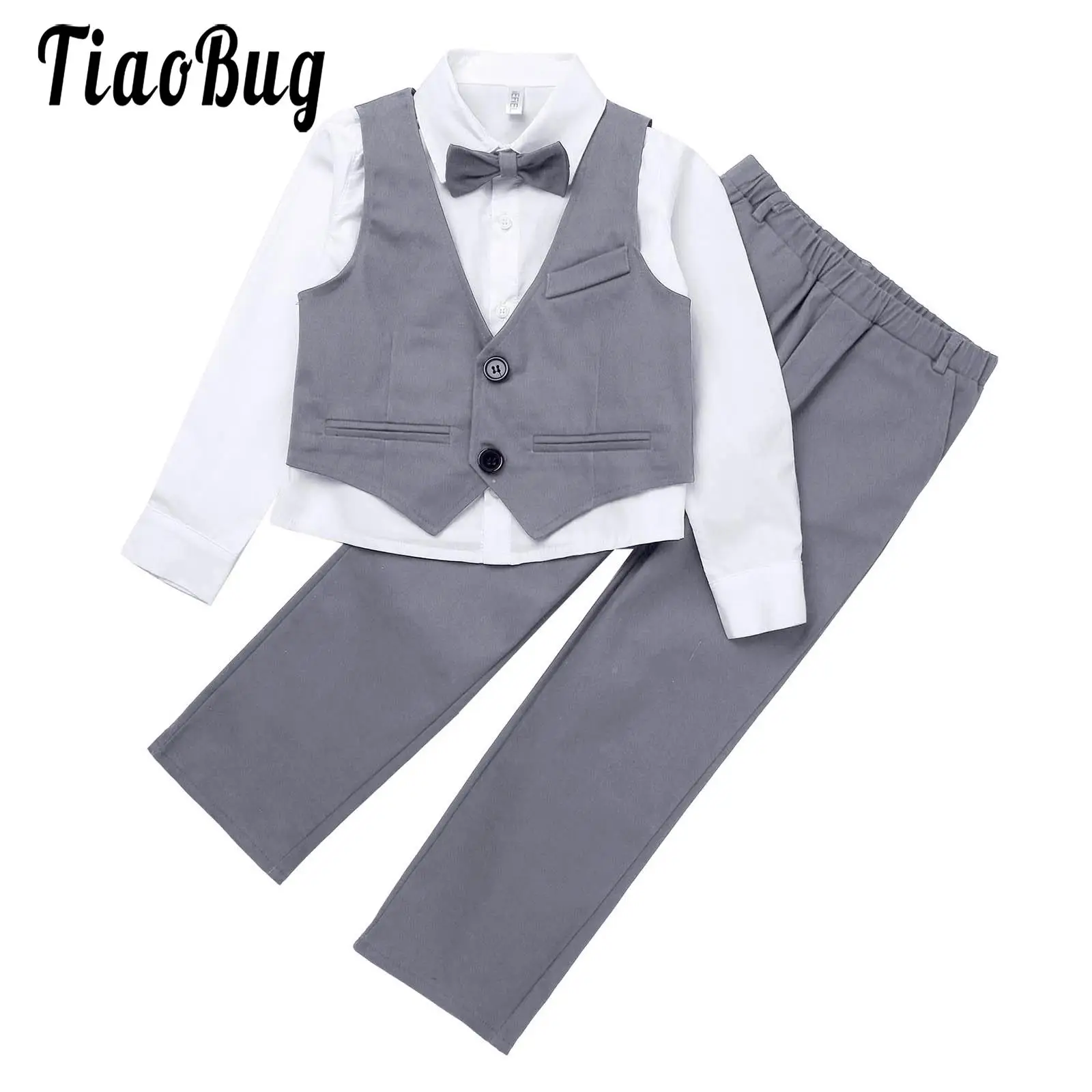 Children Boys Suit Set Gentleman Tuxedo Long-sleeved Shirt and Suit Vest Pants Bow Tie Christening Wedding Festive Party Clothes