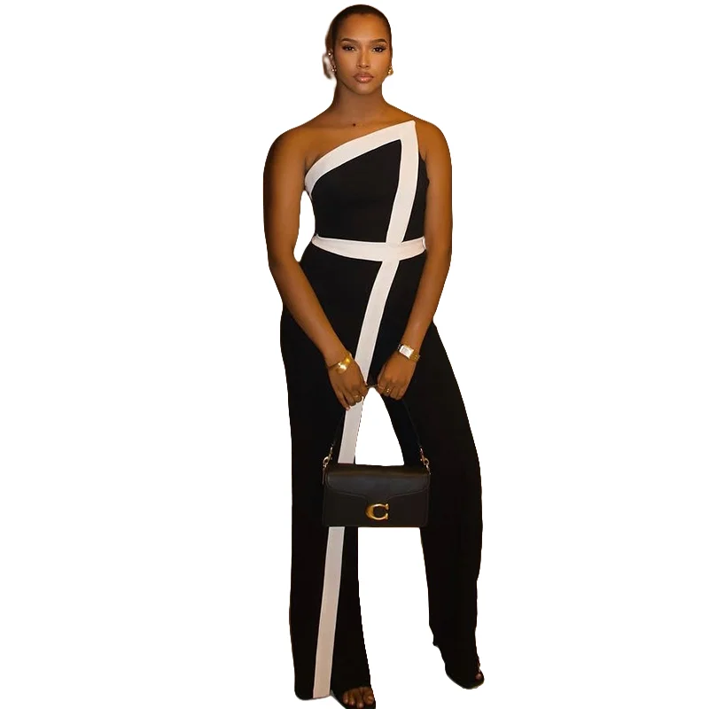 

Women's Black & White Spliced Diagonal Collar Sleeveless Backless Jumpsuits