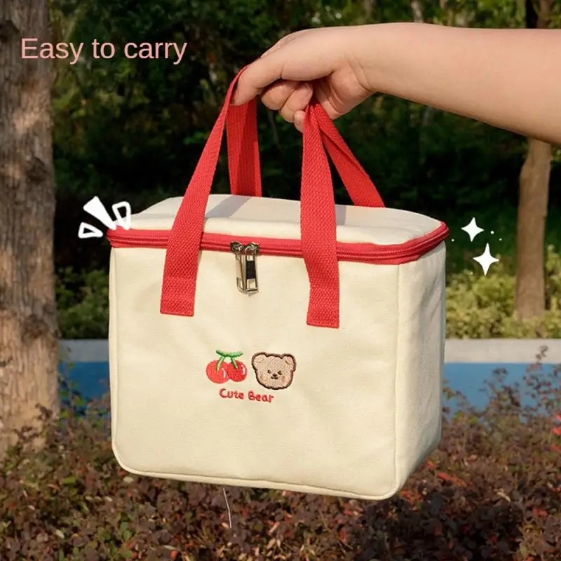 Cute Lunch Bag Large Capacity Canvas Anti-cooling Handbag Aluminum Foil Insulated Food Box Office Worker Portable Bento Bag