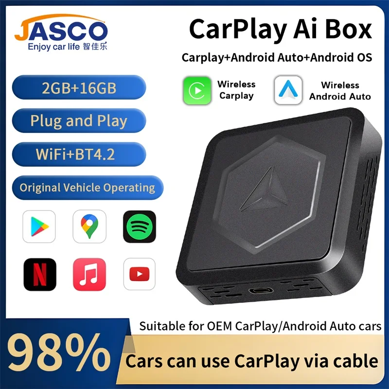 JASCO S1 3in 1 Wireless CarPlay Adapter Android Auto Smart AI Box With USB Port For OEM Car Support Netflix YouTube Play Store