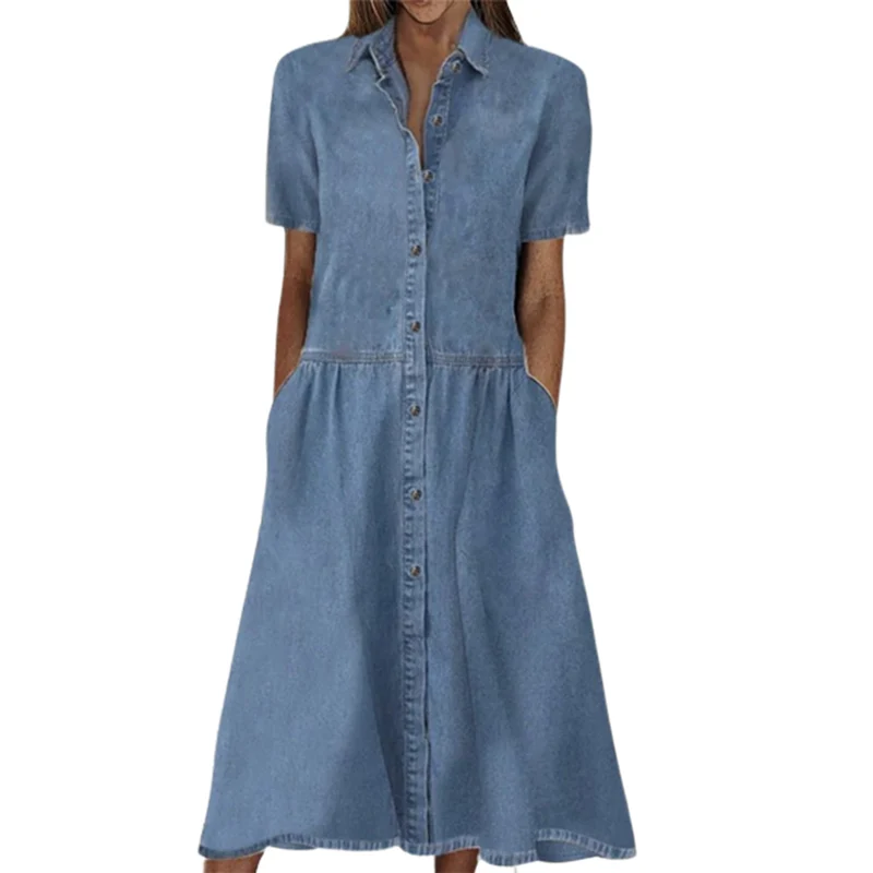 

Elegant Solid Color Short Sleeve Denim Dress Summer Lapel Single-breasted Splice Dressy Female Comfortable Commuter Casual Gown