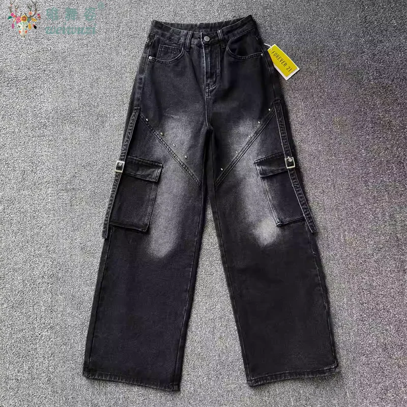 Pantalones vaqueros de mujer estilo americano pantalones Cargo de mezclilla Otoño/Invierno pantalones góticos de cintura alta ropa de trabajo suelta pantalones de pierna ancha Hip-hop