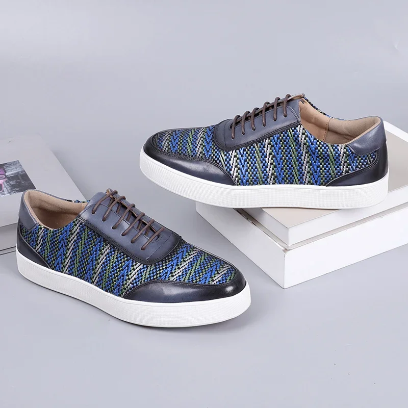 New 2025 Spring Men Genuine Leather Casual Sneakers Knitting Stitching All Match Men Street Travel Flat Footwear