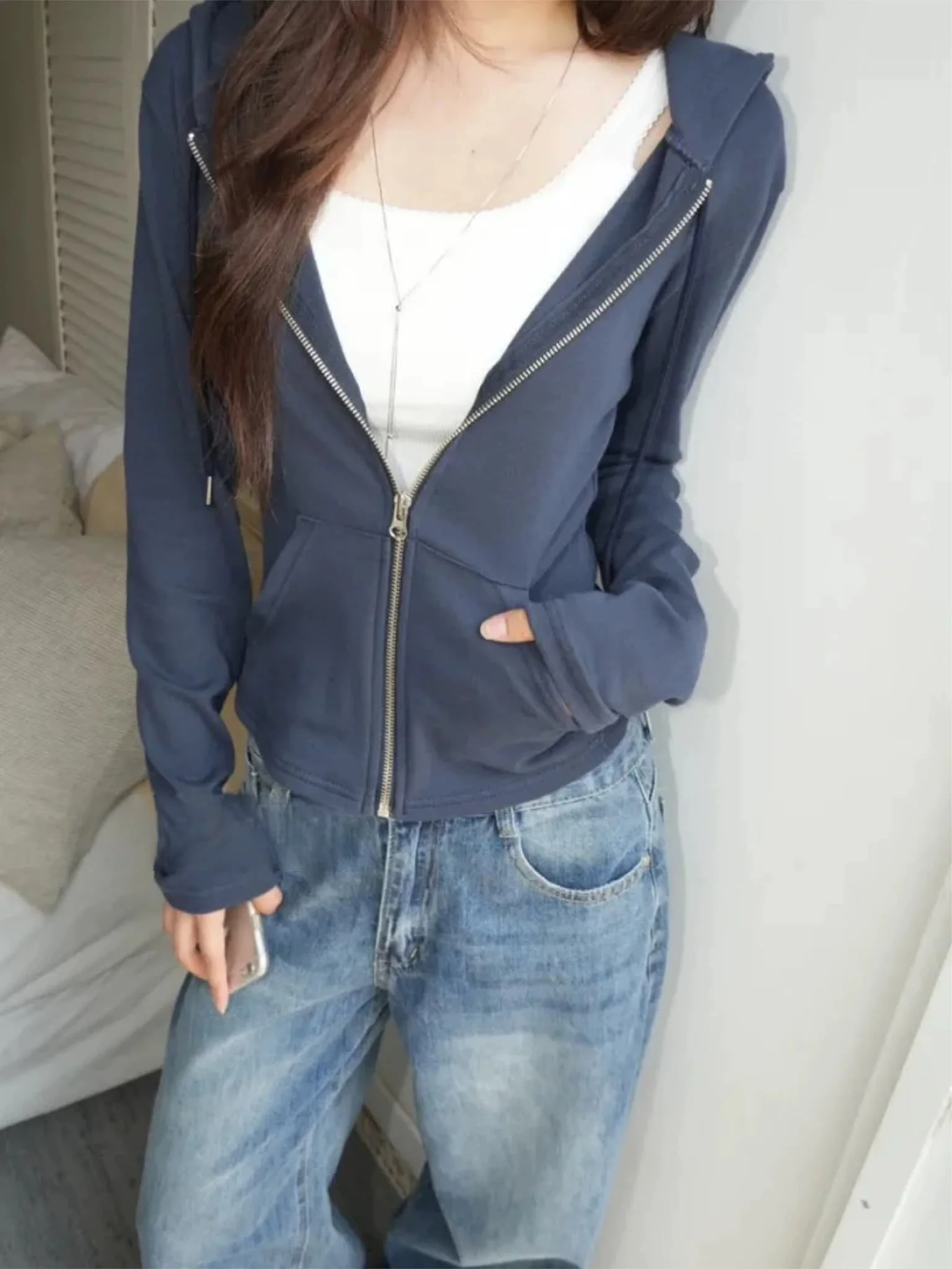 Classic Y2K Retro  Color Casual Versatile Zipper Slimming Hoodie Jacket Women's Commute Style Long Sleeve Hooded Coat