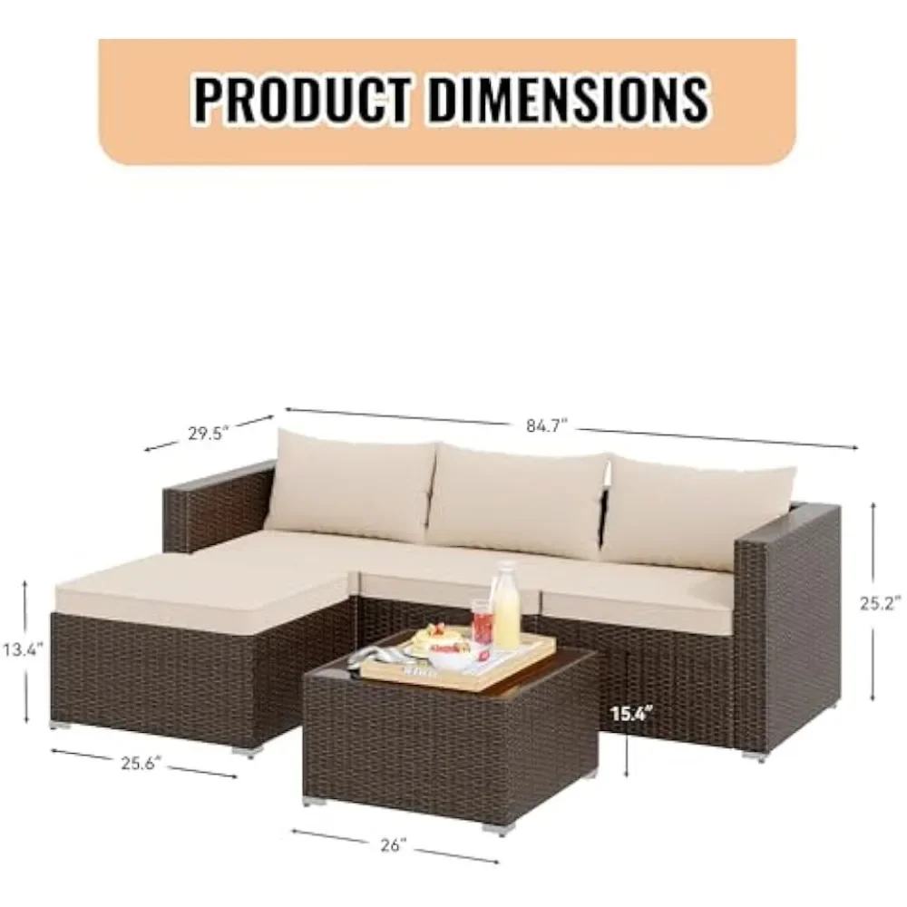 Terrace Sofa, 5-piece Outdoor Terrace All-weather Handmade Rattan Sofa with Cushion and Glass Table, Beige Outdoor Sofa