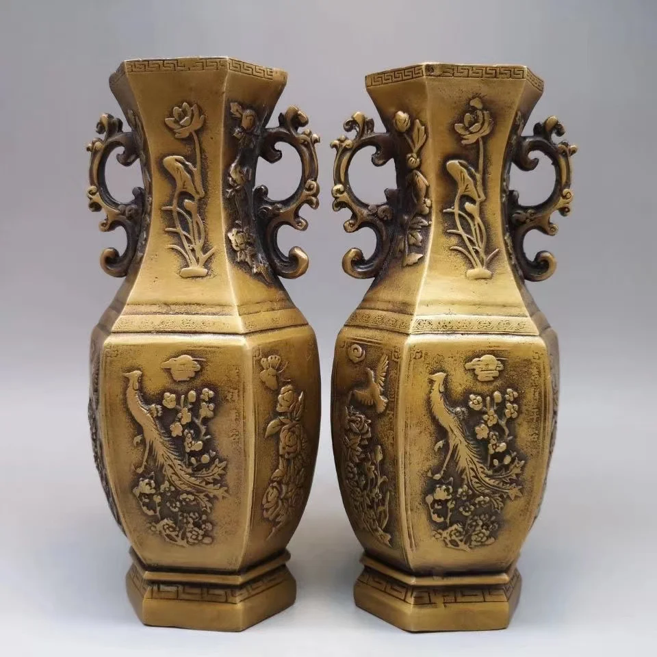 Rare Old Qing Dynasty copper vase,carving  Four Seasons Flowers&birds,best Crafts&Adornment.A Pair,Free Shipping