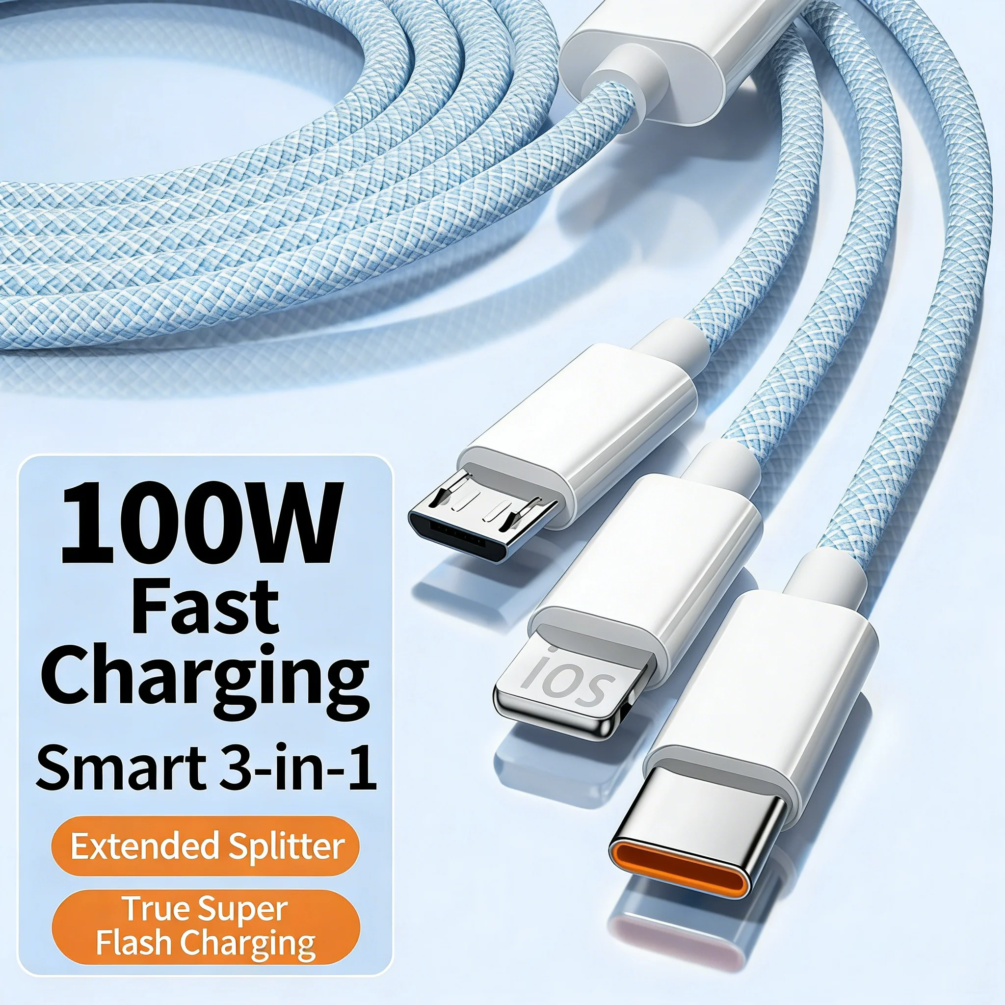 

3 In 1 Super Fast Charging Cable 6A Type-C Micro-USB Lightning For Apple Android Charging For Xiaomi Samsung iPhone Huawei OPPO