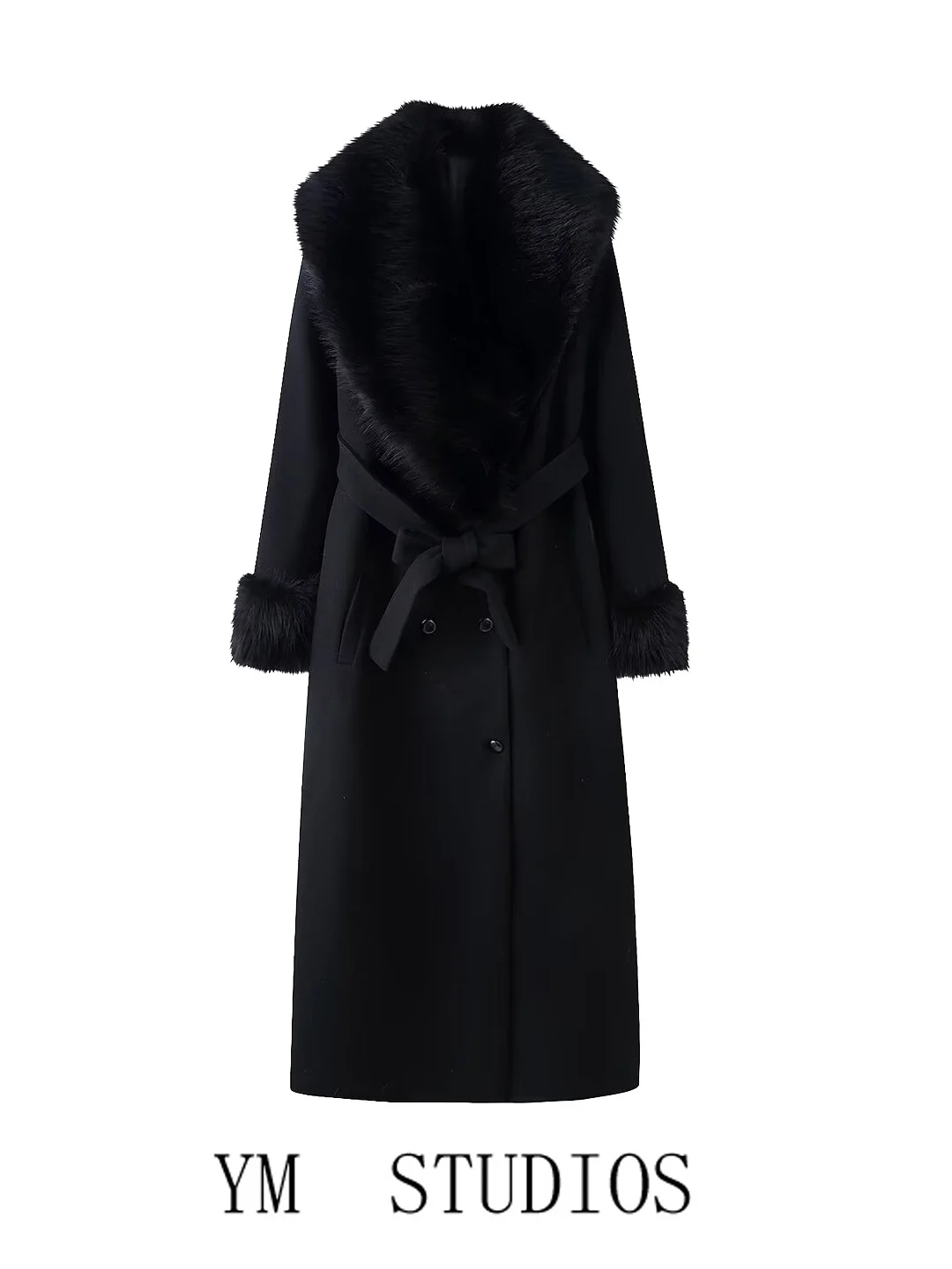 

Женское шерстяное пальто Ele с длинными рукавами, поясом на талии, меховым воротником, двубортное, без капюшона, модная зимняя верхняя одежда