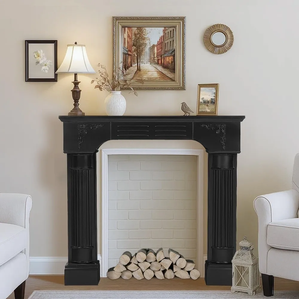 Modern Fireplace Mantel Surround Black Freestanding Surround Mantel for Electric Fireplace Waterproof & Anti Tipping