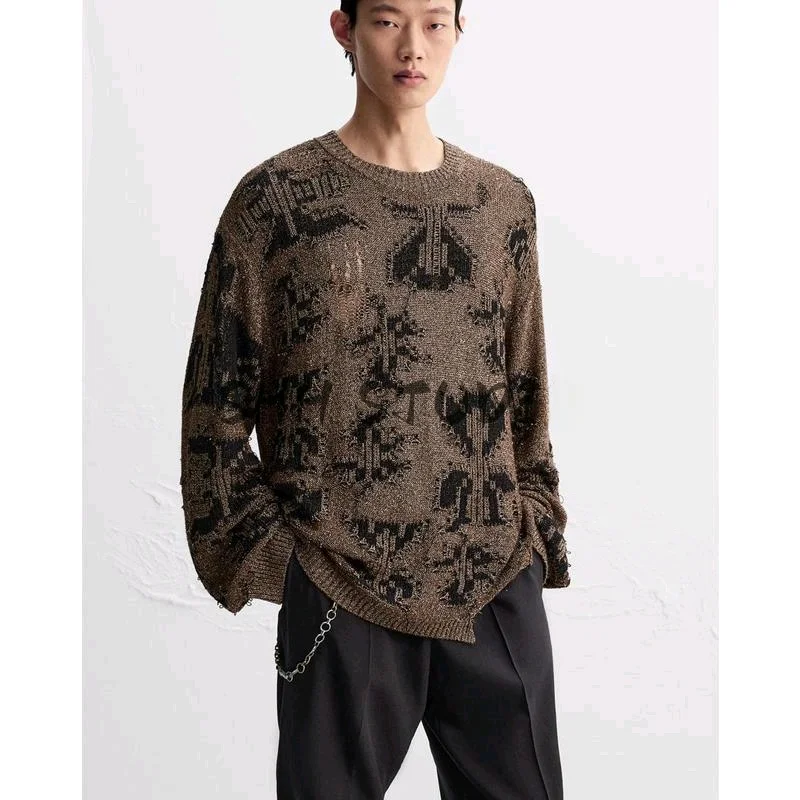 เสื้อสเวตเตอร์ถักทรงหลวมสไตล์วินเทจอเมริกันสำหรับผู้ชายรุ่นใหม่ ดีไซน์โปร่งบาง แขนยาว แฟชั่นลำลองสำหรับวัยรุ่น