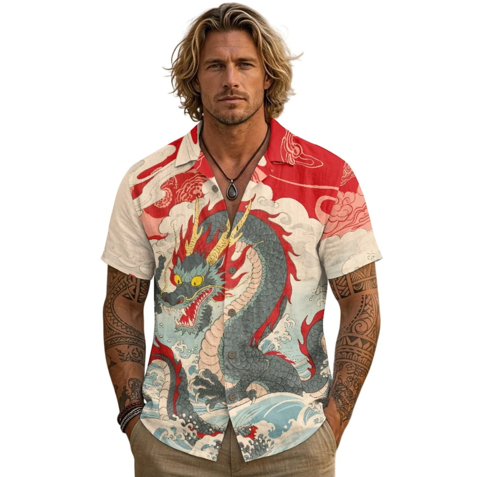 PENSTROLL Red Dragon Wave Linen Style Hawaiian T Shirts Short Sleeve Beach Tops for Men Single Breasted Mens Button Down Shirts