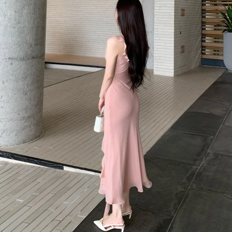 Women Slip Long Dress Lady Pink Lace Panel Slim Fit Ruffled Mermaid Dress Female Summer Alluring Bodycon Maxi Vacation Dress