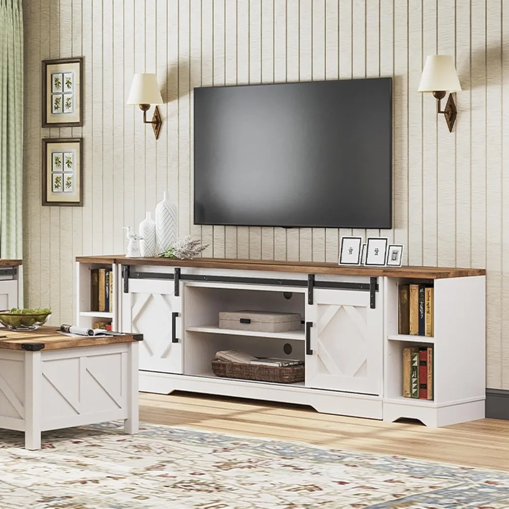 حامل تلفزيون متعدد الوظائف على طراز المزرعة لـ 95 تلفزيونًا، مركز ترفيه خشبي 3 في 1 مع باب منزلق وأرفف قابلة للتعديل #2