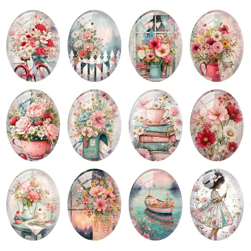 Random Mixed Round/Oval/Square Countryside Summer Floral USA Photo Glass Cabochon Flatback Demo Cameo For Diy Jewelry Making