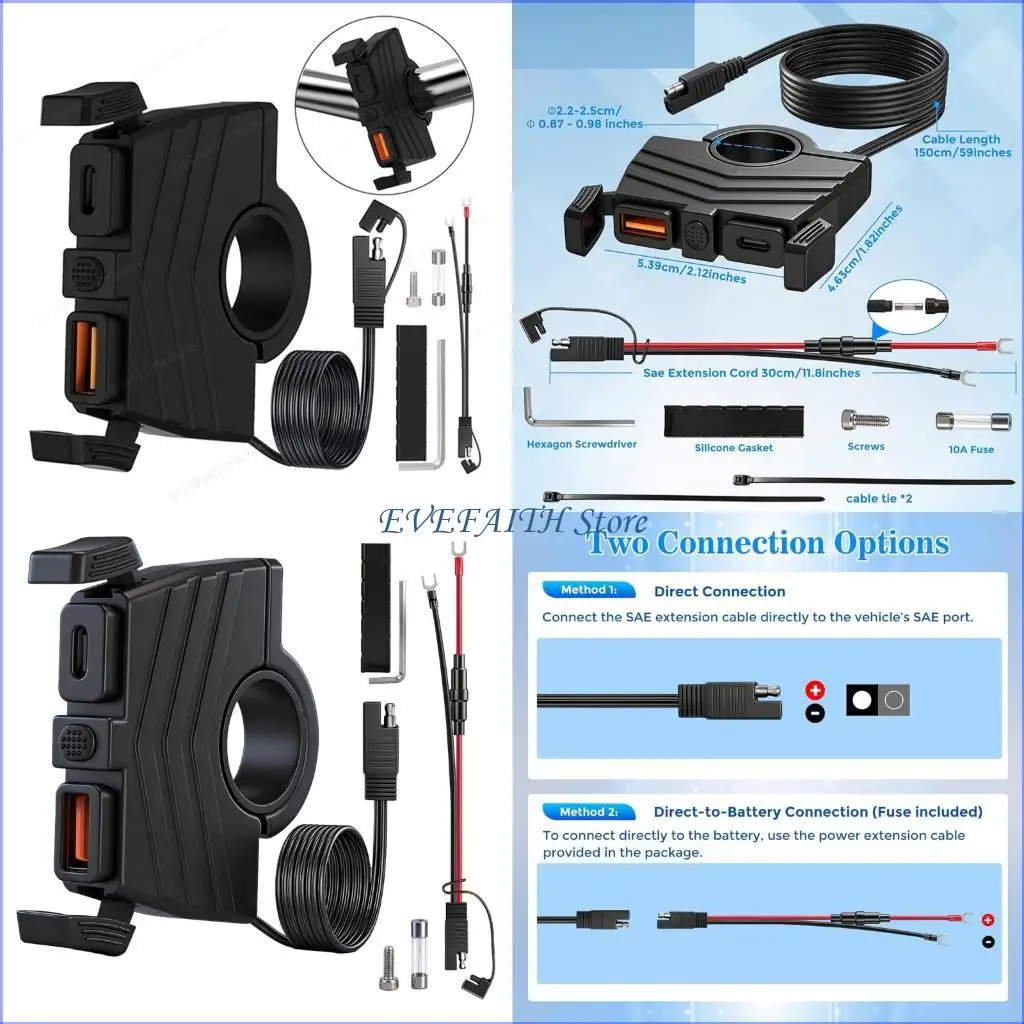 124B SAE to USB Adapter Waterproof 30W PD USB C Motorcycle Chargers With 18W QC3.0
