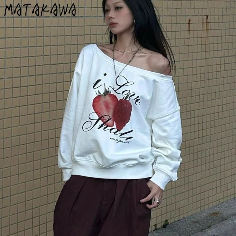 

Matakawa Y2k Print T Shirt for Women Skew Collar Spring Autumn Streetwear Ropa De Mujer Fashion Vintage Loose Camisetas