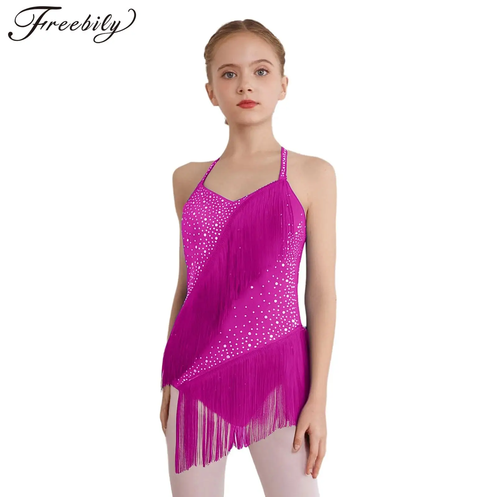 십대 소녀 라틴 댄스 볼룸 탱고 차차 삼바 룸바 바디수트 반짝이는 라인스톤 태슬 레오타드 피겨 스케이팅 체조용