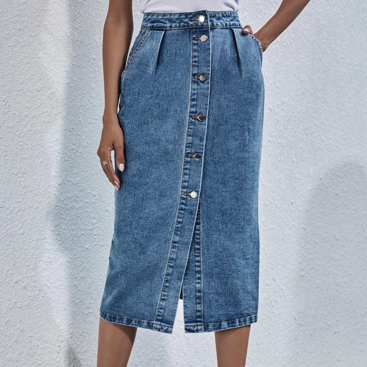 Summer Women's Clothing High Waist Single Button Long Skirt Elegant Y2K Denim Midi Skirt For Vintage Solid Light Washed J