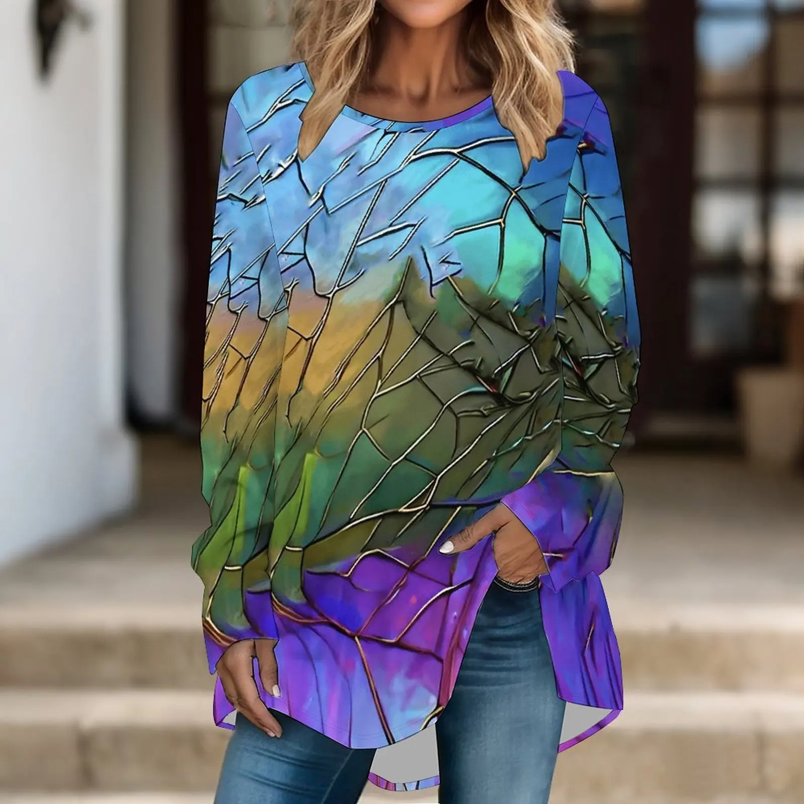 Women Long Sleeve Tunic Top Print Crew Neck Loose Fit Blouse With Pockets Casual Daily Wear Ladies Tops
