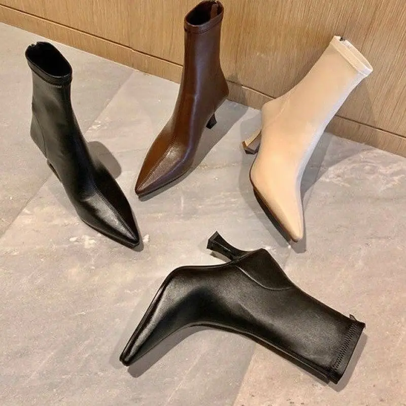 

New Thin High Heel Women's Ankle Boots Fashionable Pointed Toe Short Boots Ladies Elegant Shoes Winter Short Plush Women's Pumps