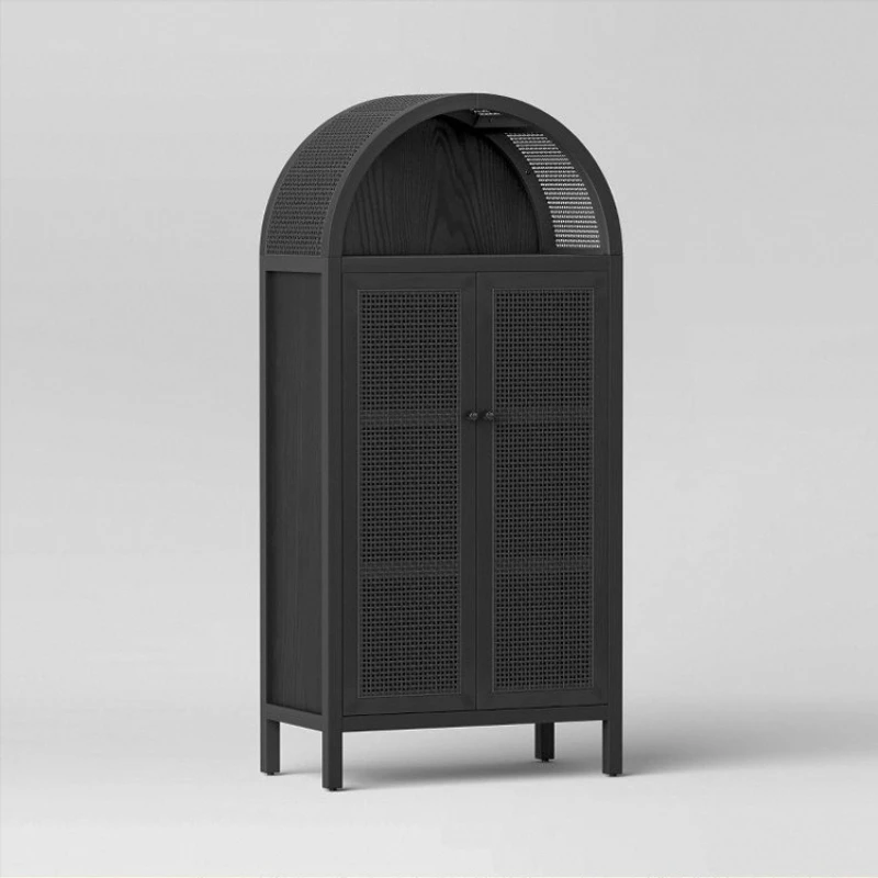 

American light luxury arched bookcase sandy wind braided rattan double door storage French retro solid wood display cabinet