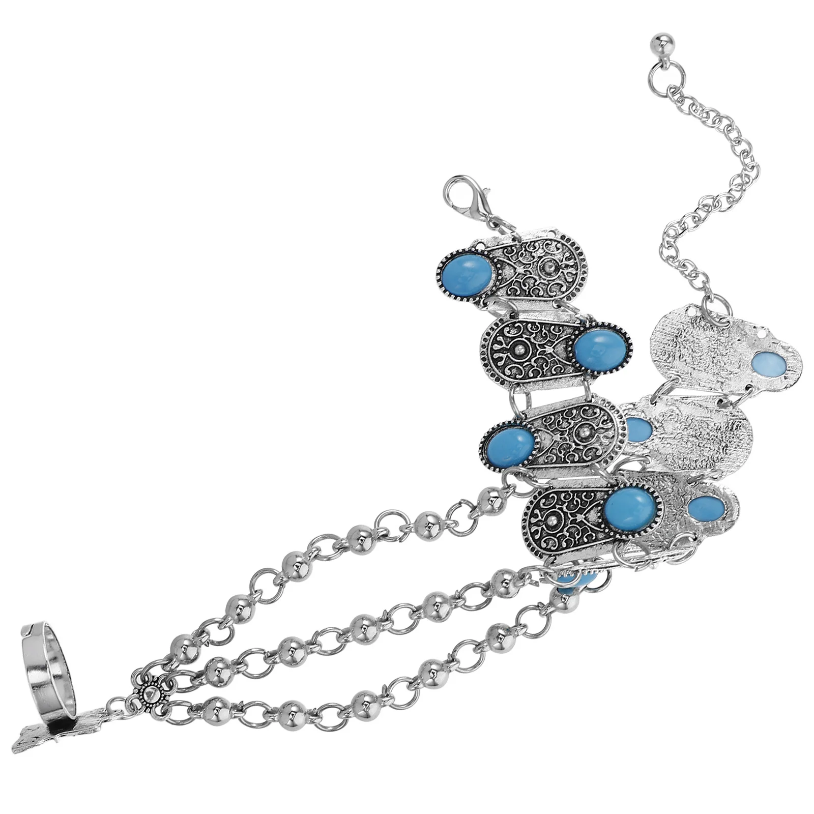 

Boho Hand Chain Bracelet Turquoise Finger Ring Vintage Ethnic Jewelry for Women Festival Wear Adjustable Ring Hand Cuff Exotic