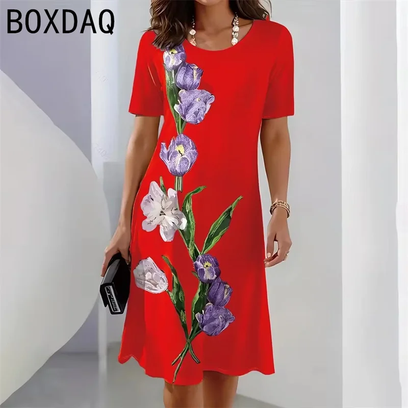 

Ladies' Floral Print Dress Retro Casual A-Line Dress Big Size Summer Short Sleeve O-Neck Dress Elegant Party Evening Dress