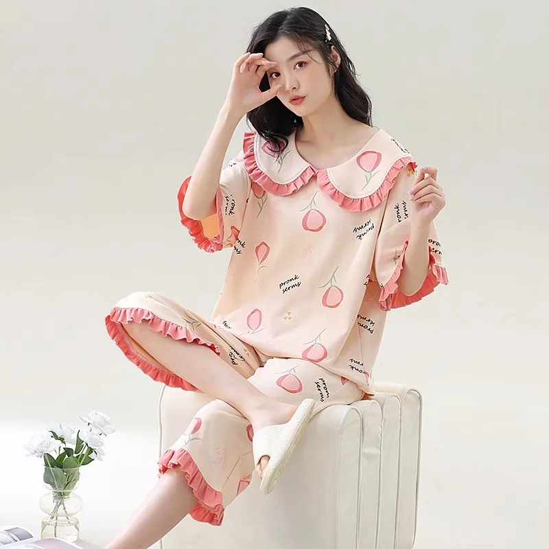 

Summer Cartoon Cotton Pajamas Set Women Pyjamas Sleepwear Pijama Mujer Women Suit Loose Calf Length Pants Nightwear 2pcs Female