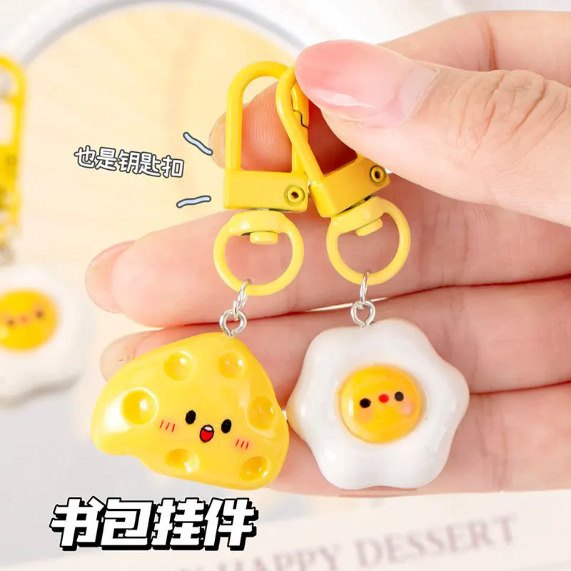 Cute Egg Cheese Keychain Resin Food Bag Pendant Student Backpack Key Chains Accessories Girlfriend Couple Small Gift