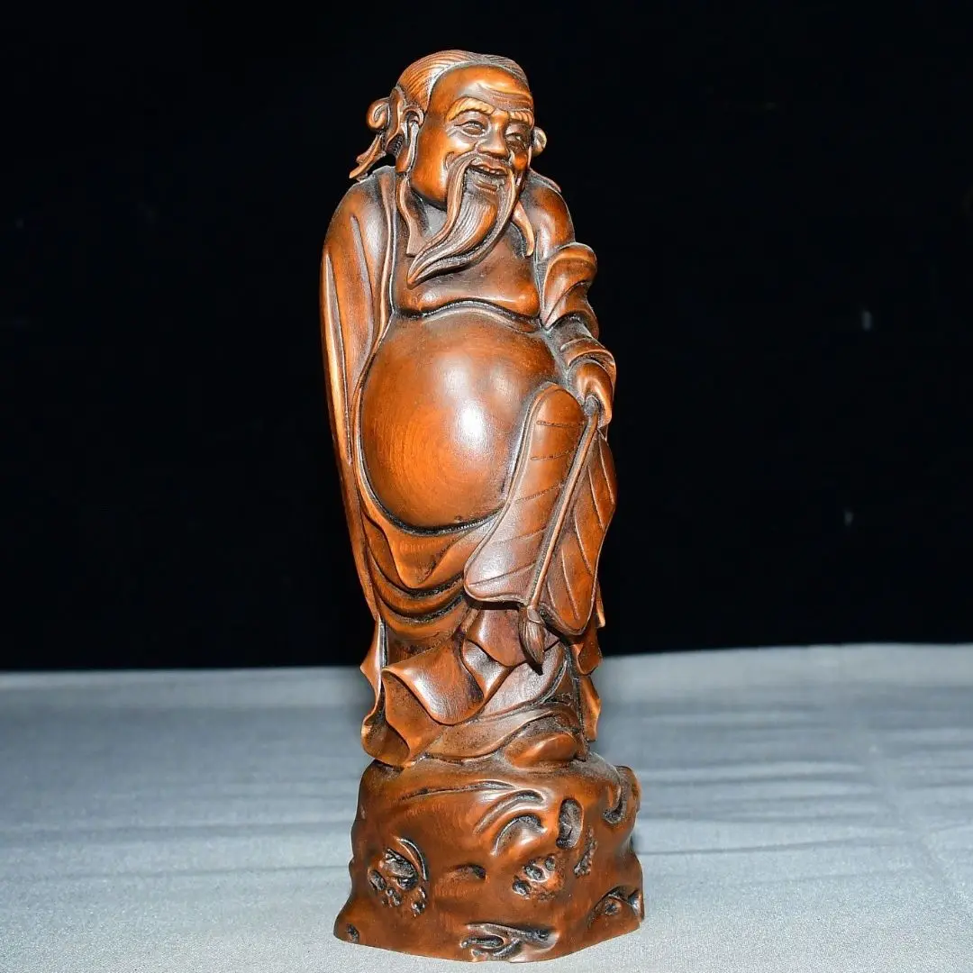 Hand Carved Wood god Han Zhongli Statue Figurine Home Desktop Ornament Craft Gift