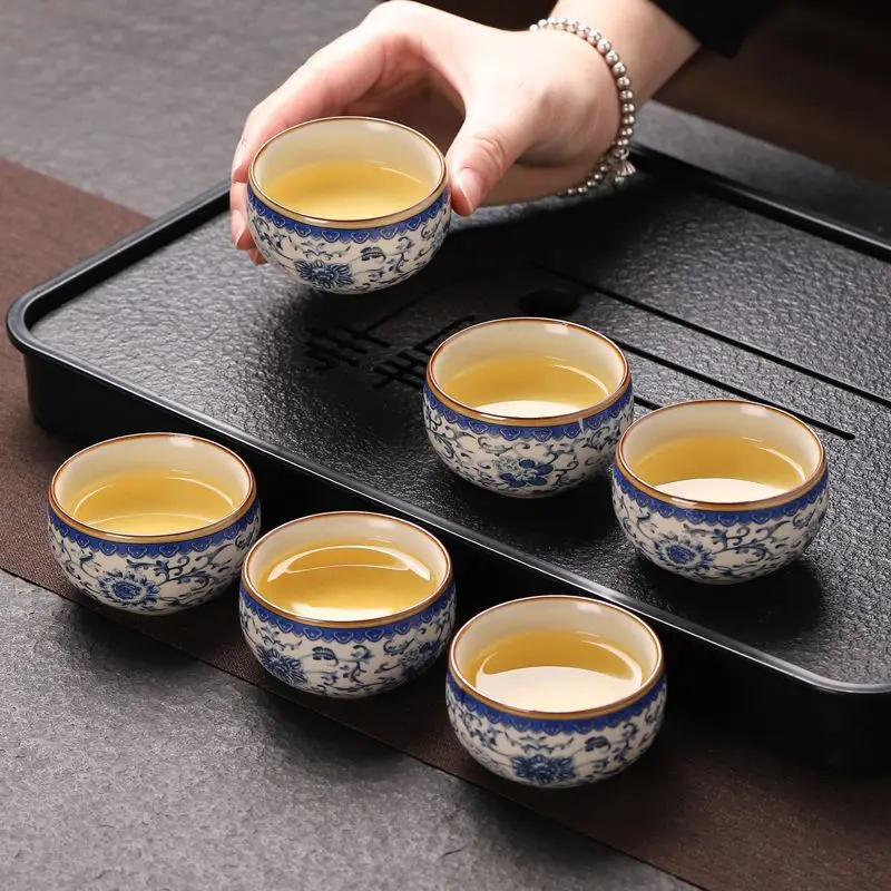 Ceramic Tea Cups  Chinese Style Blue and White Ru Kiln 1/3/6pcs Set  Master Cup Luxurious Kung Fu Tea Set Enamel Tea Cup