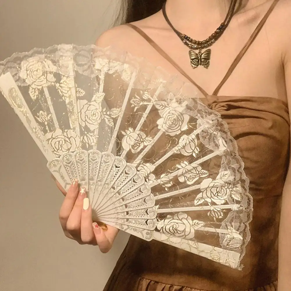 Lace Rose Flower Folding Fan Vintage Lightweight Portable Summer Hand Held Fan Decor Dance Performance Props Party Accessories