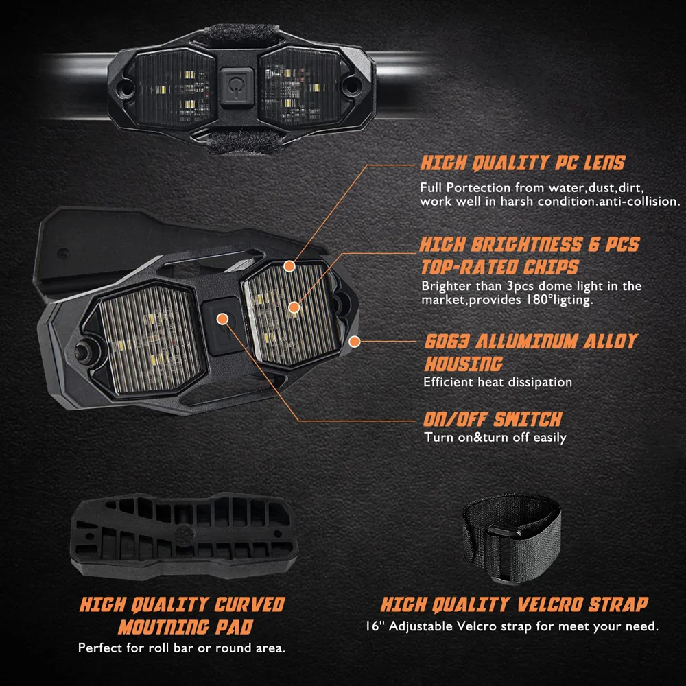 UTV Vehicle Cab Dome LED Light White Bright Waterproof Compatible with Polaris RZR Ranger Can-Am Maverick Defender 12V DC Power