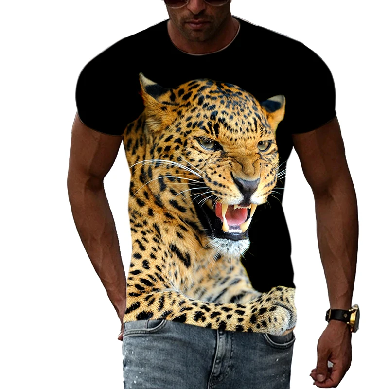 Summer FashionLeopard Picture T Shirts For Men Casual 3D Print Tees Hip Hop Personality Round Neck Short Sleeve Tops