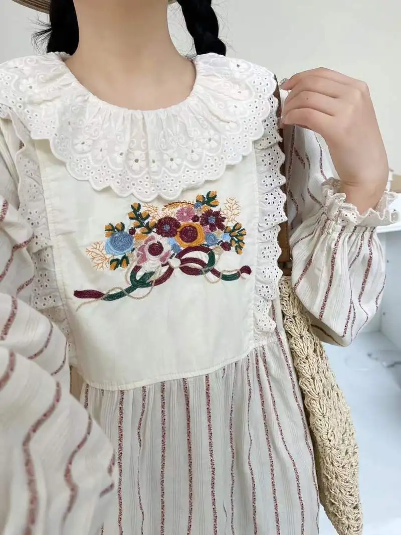 

New 2026 Spring Women Cotton Long Sleeve Shirt, Lapel Embroidery Striped, Mori Girl Sweet Preppy Style Loose Blouse T64119CC