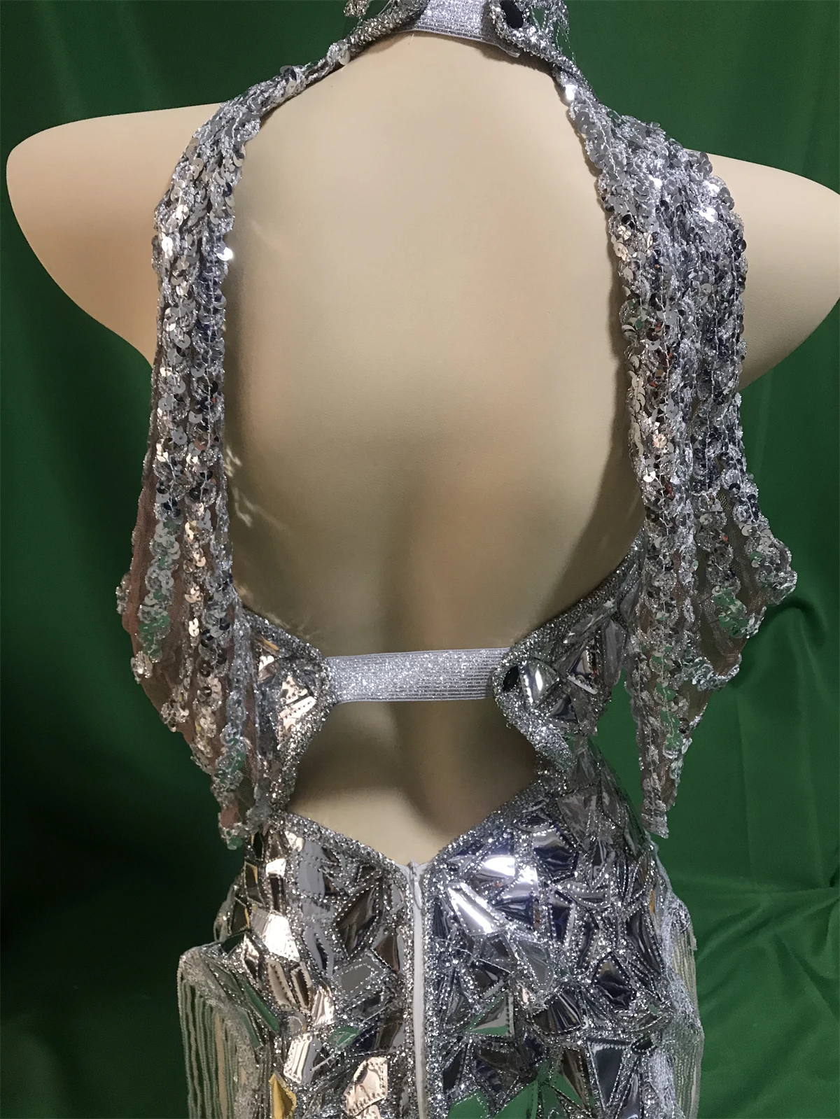 Tassel Fringe Sequin Design Dress Women Dance Costumes Backless Halter Silver Vegas Showgirl Singer Stage Wear Sparkly