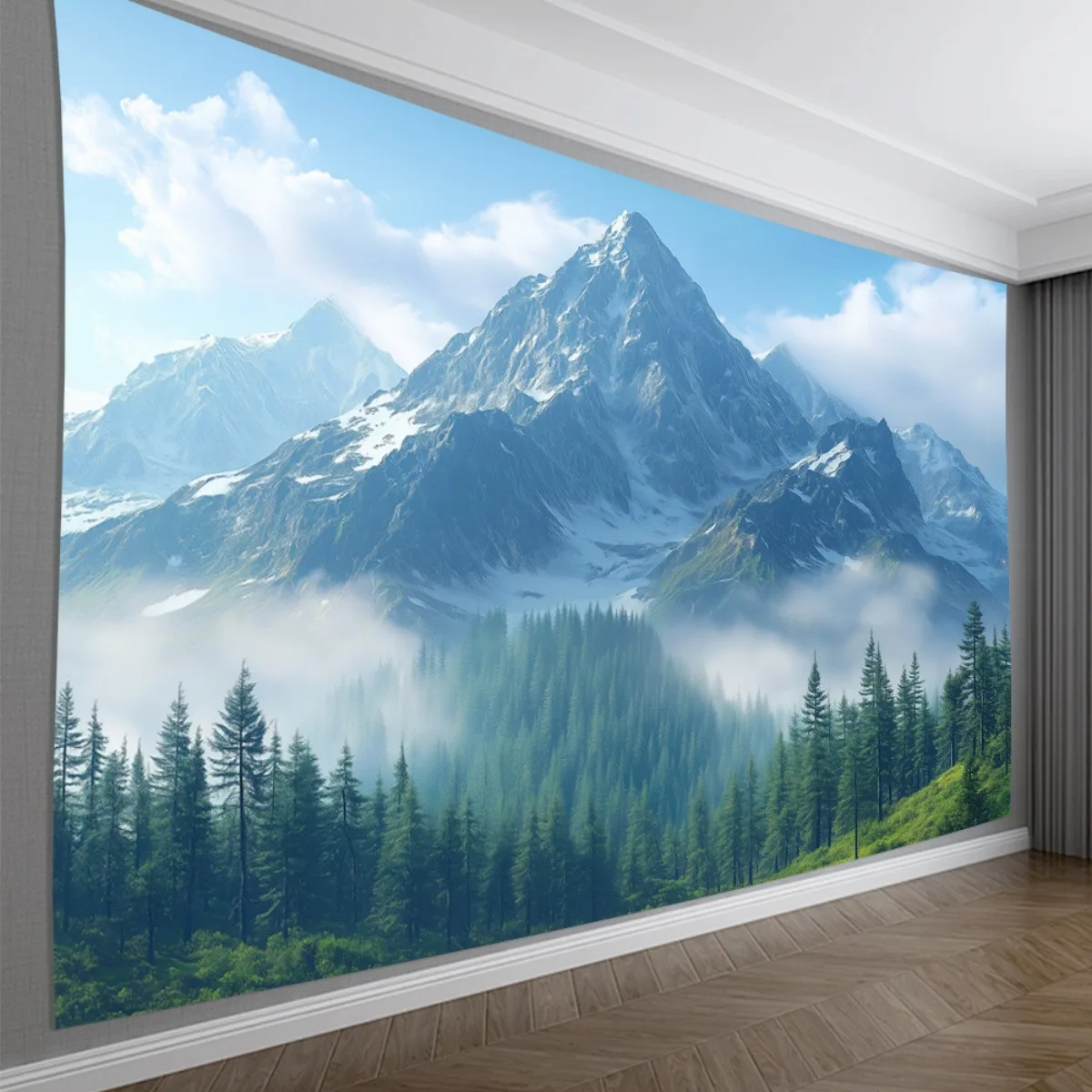 Snow Mountain Forest Tapestry, Misty Pine Trees and Snow-Capped Peaks Nature Art Wall Hanging for Bedroom Living Room Decor