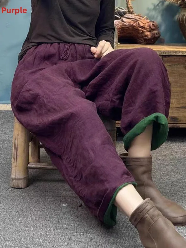 Retro Zen Washed Linen Wide Leg Pants Women Elastic Waist Art Loose Casual Color Block Cotton Linen Straight Leg Pants