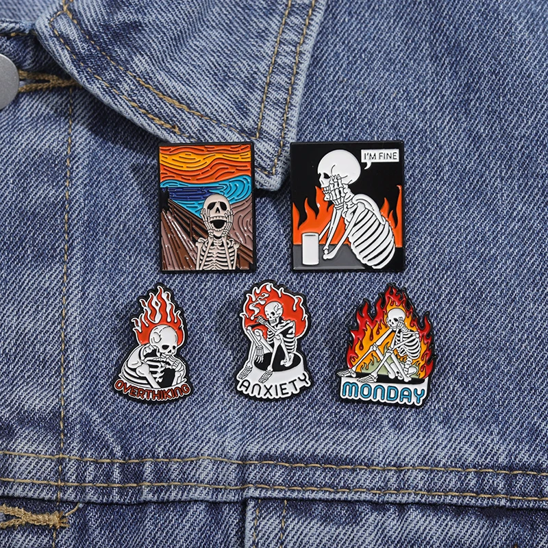 Skelett Angst Emaille Pins psychische Gesundheit überdenken Broschen Revers Abzeichen Rucksack Dekor Zubehör Schmuck für Freunde