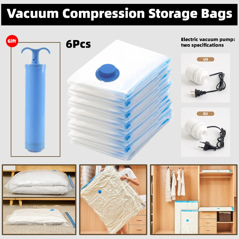 

6Pcs Vacuum Storage Bags for Clothes Quilt Reusable Vacuum Bag with Pump Blanket Vacuum Sealer Bag Space-Saving Compression Tool