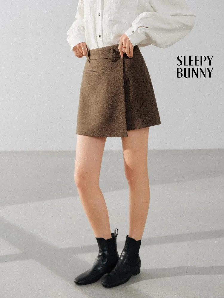 

Wool-Like Asymmetrical High-Waist A-Line Mini Skirt Women Elegant Maillard Brown Short Skirt Chic Winter Office Daily Wear Skirt