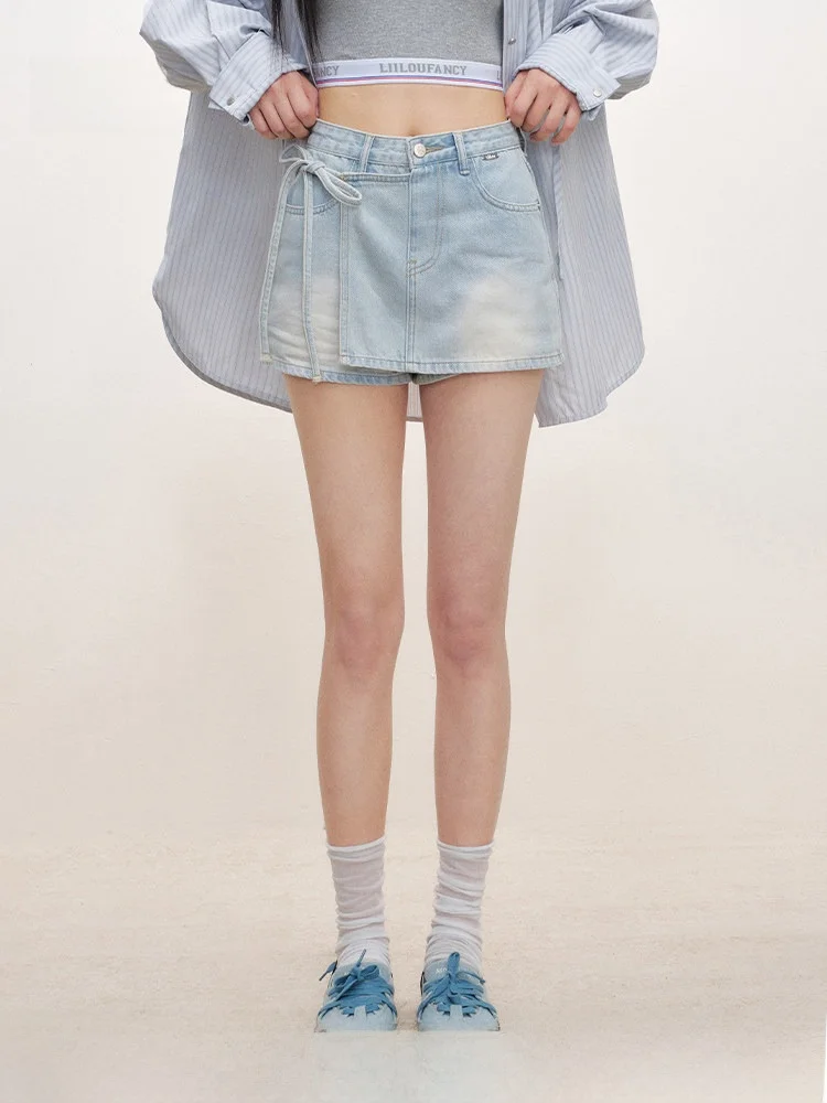 

Lii.Liilou Retro Jeans Lace Patchwork ket Asymmetrical Belted Denim orts Casual High Waist Cotton Wide Leg Pants