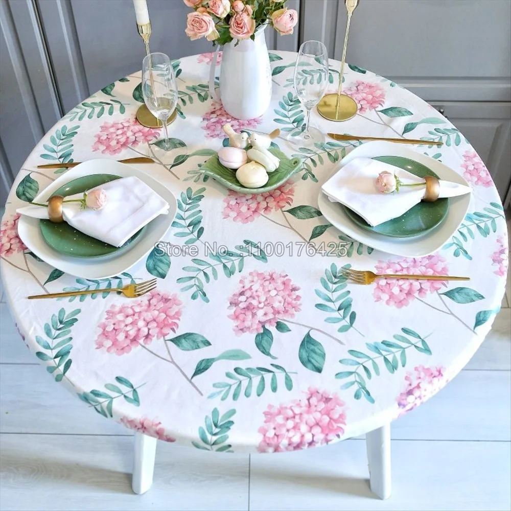 Flower Round Tablecloth with Elastic Edge Lemon Print Waterproof Table Cover for Kitchen Dining Table Decoration Accessories