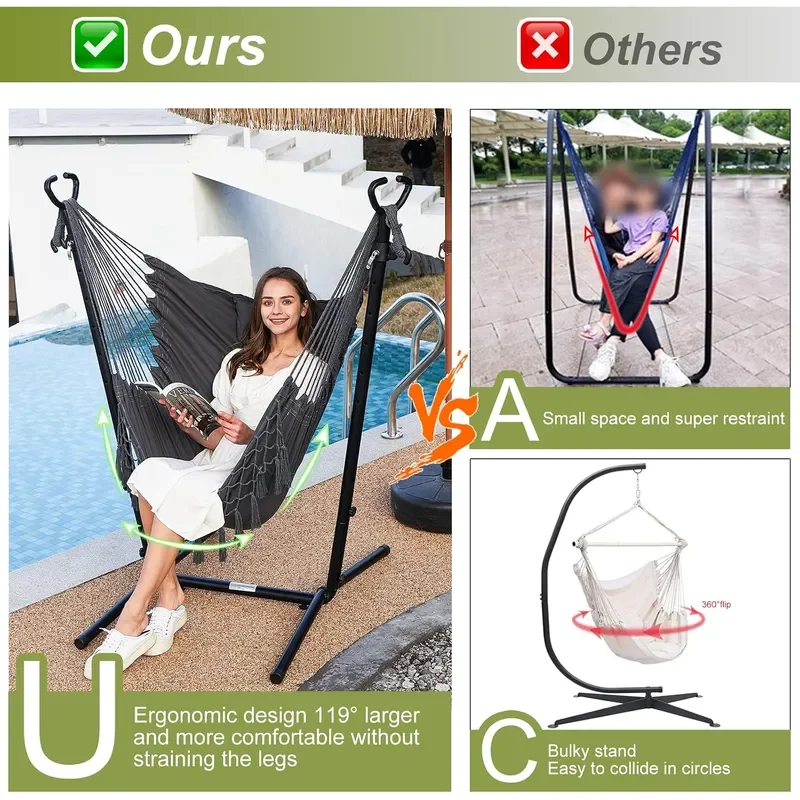 Hammock with Stand Phone Holder Included Double Hanging Chair Macrame Boho Handmade Adjustable Swing Indoor Outdoor Patio