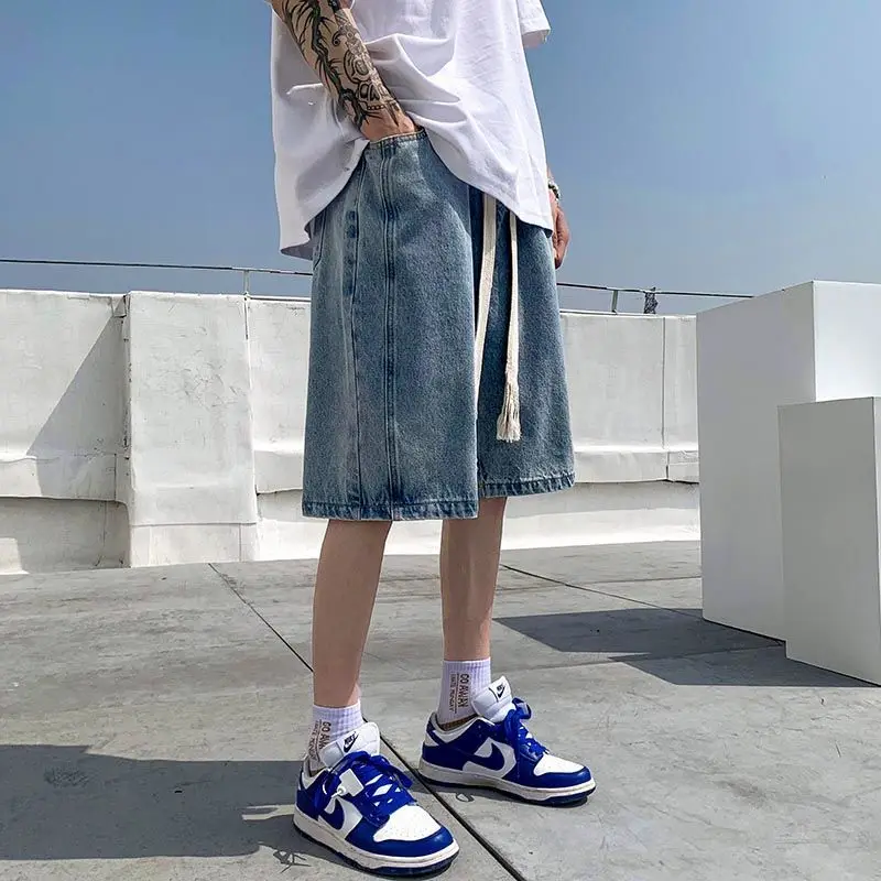 

Мужские летние джинсовые шорты большого размера 300 Pou Woven Dstring Denim, в стиле ретро, свободного прямого кроя, в стиле Хонконг, для уличной моды, с пятью карманами.