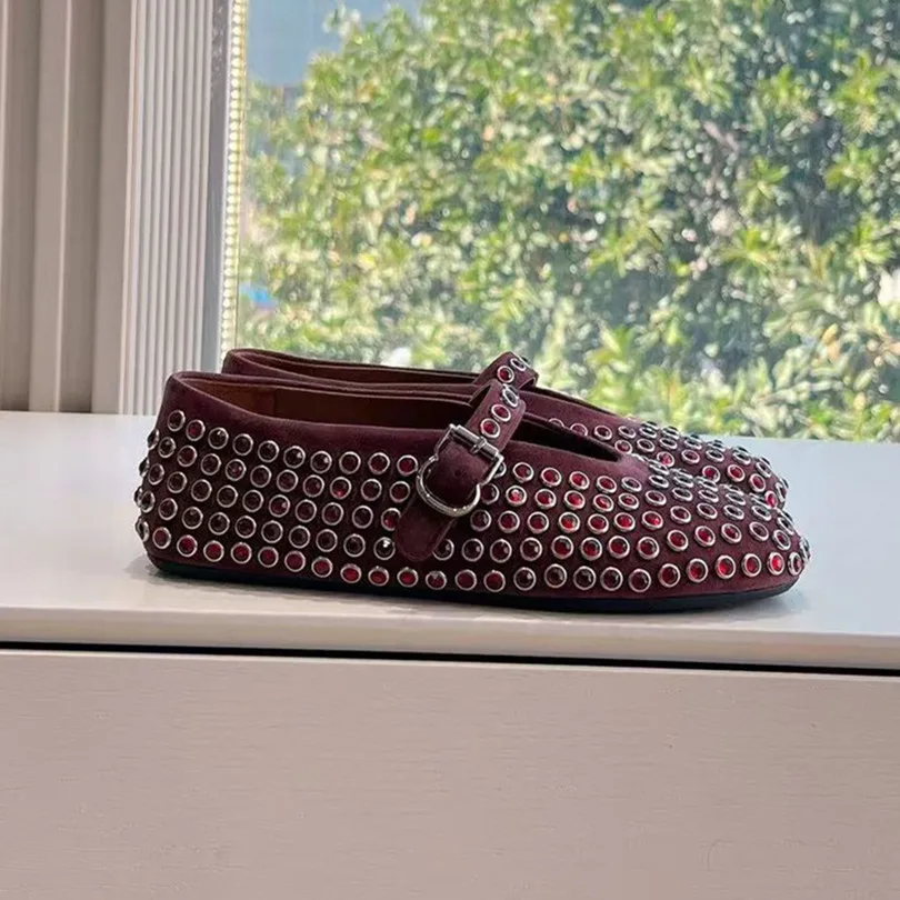 Luxury Designer Suede Diamond Ballet Shoes Flat Bottom Shallow Mouth Single Shoes Women's One Word Buckle with French Mary Jane