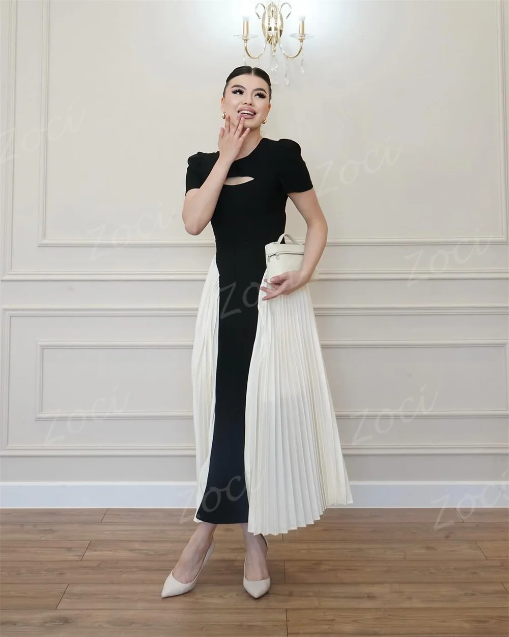 Zoci Semplice Piega A Line Abiti da ballo Manica corta Personalizzato Abito da sera da donna Abito da sera per occasioni formali bianco nero