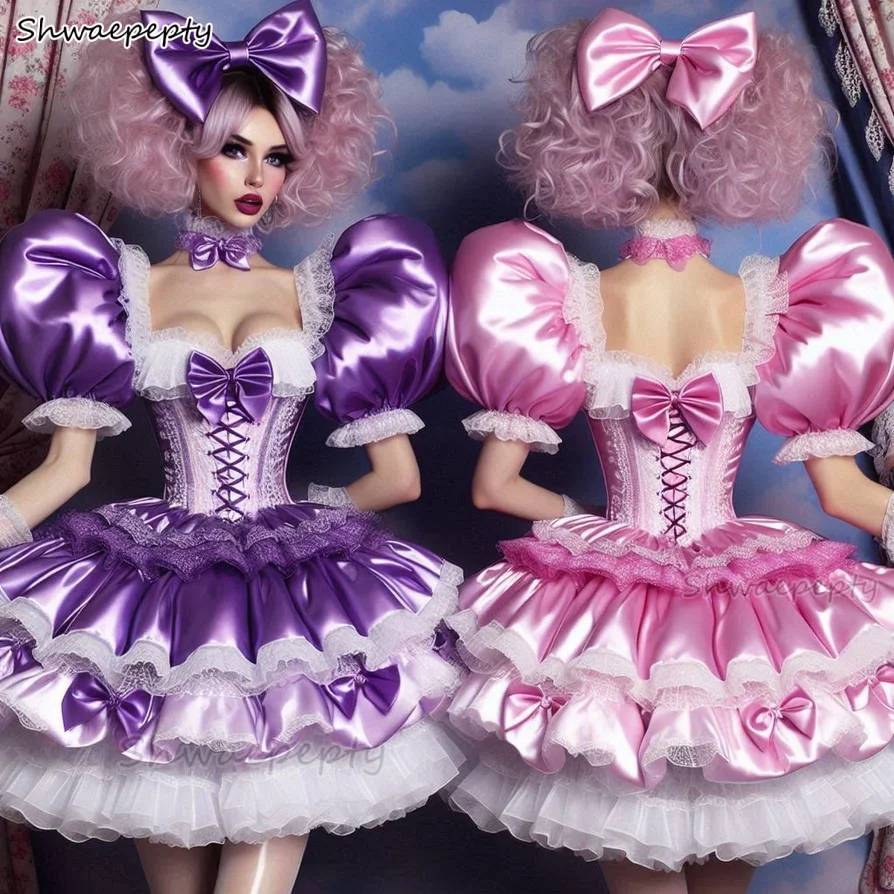 

Tutu Ball Gown Short Prom Dress Purple Lolita Cosplay Party Costume Corset Bow Lace Appliques Puff Sleeves Women Wear Customized