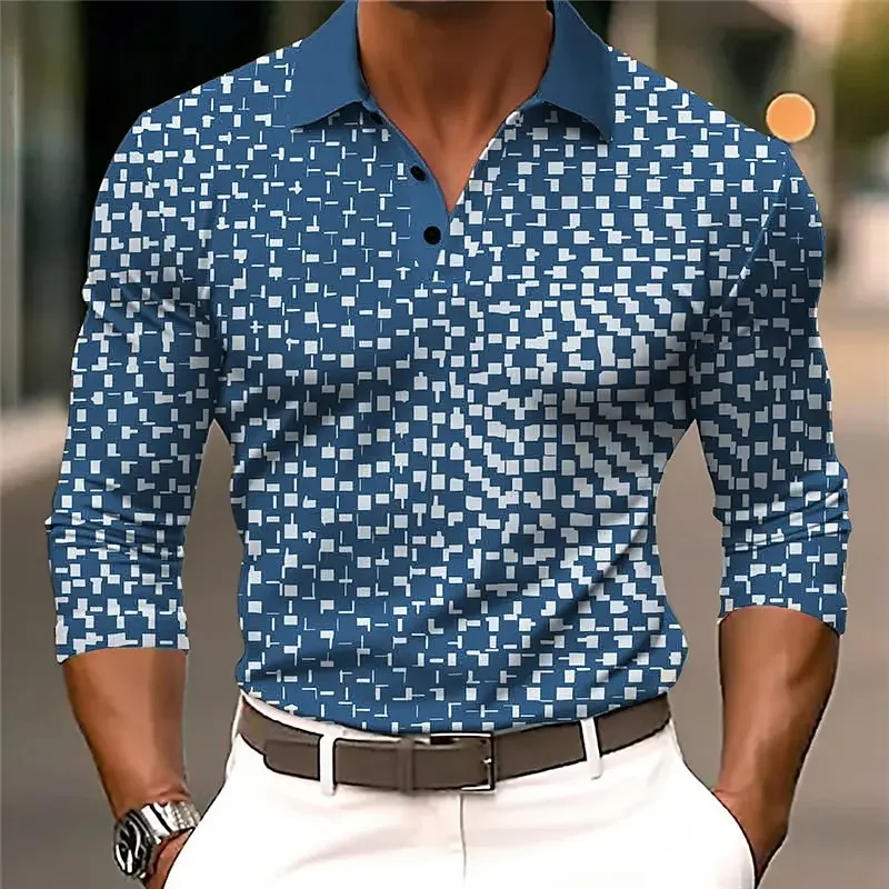

Autumn Winter Geometric Pattern Golf Men's Long Sleeve Polo Shirt Business Casual Formal Turn-down Collar Buttoned Men Clothing